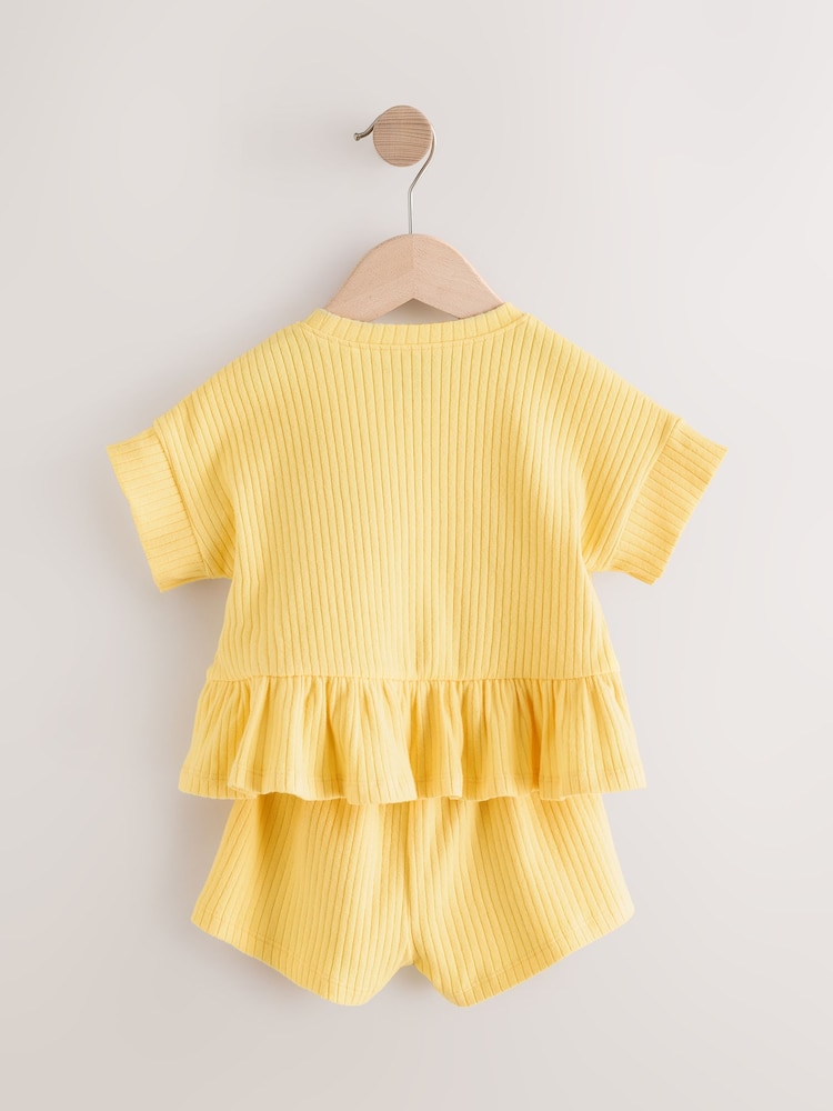 Yellow Short Sleeve Ribbed Top and Shorts Set (3mths-7yrs) - Image 7 of 9