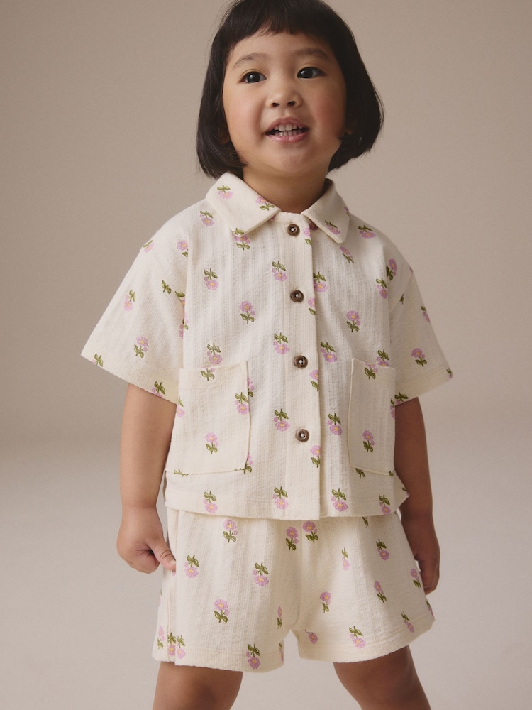 Pink/Cream Flower 100% Cotton Short Sleve Shirt and Shorts Set (3mths-7yrs) - Image 1 of 4