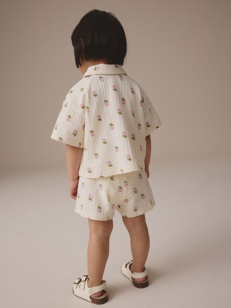 Pink/Cream Flower 100% Cotton Short Sleve Shirt and Shorts Set (3mths-7yrs) - Image 2 of 4