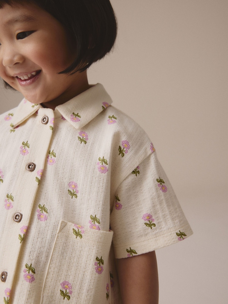 Pink/Cream Flower 100% Cotton Short Sleve Shirt and Shorts Set (3mths-7yrs) - Image 4 of 4