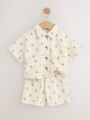 Crema con flores en rosa - Conjunto de pantalón corto y camisa de algodón 100 % y manga corta (3 meses - 7 años) - Imagen 6 de 9