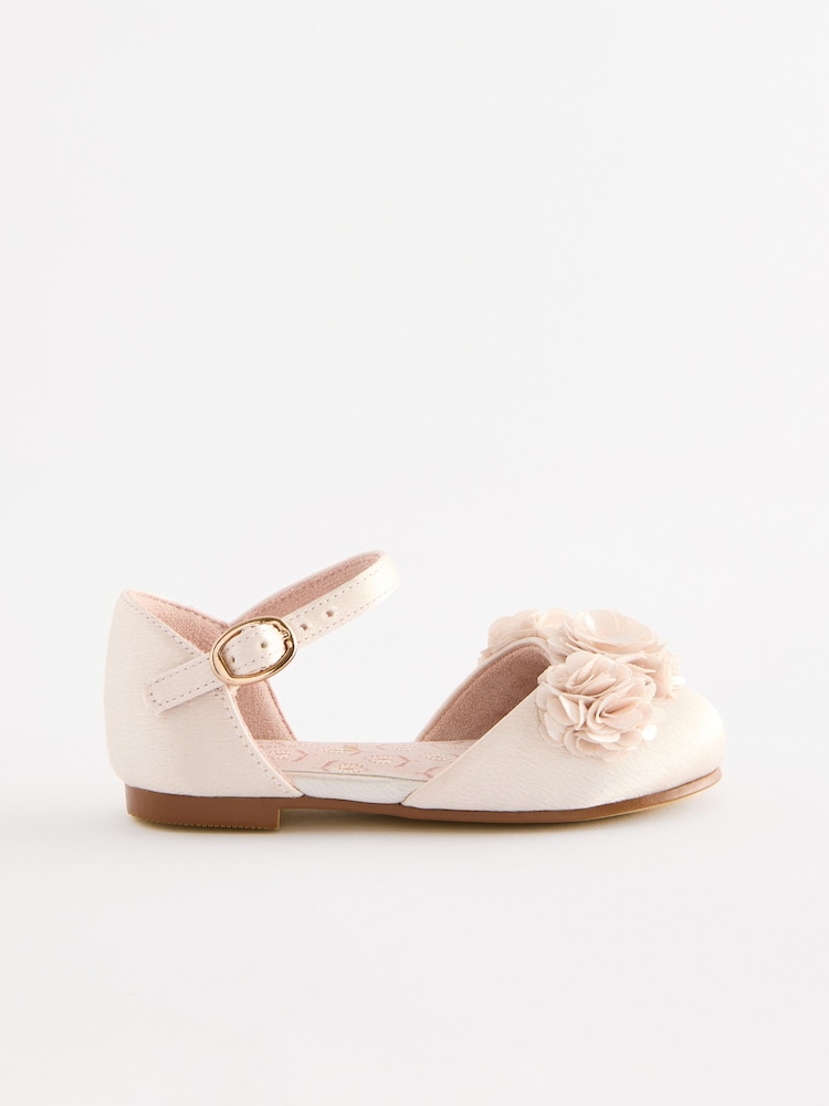 Ivory Satin Flower Girl Ankle Strap Corsage Occasion Shoes - Image 2 of 5