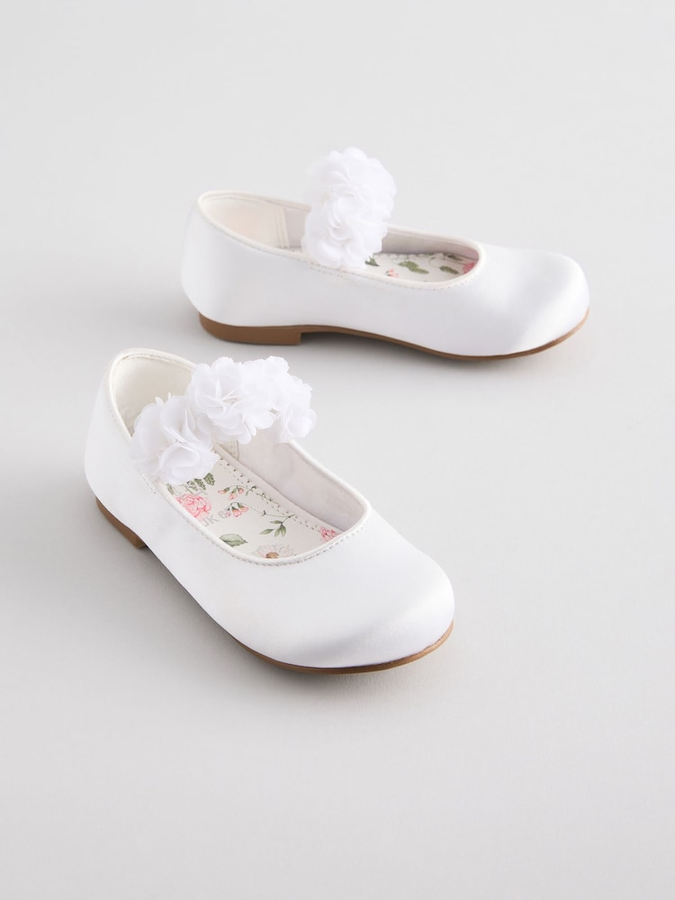 White Standard Fit (F) Satin Flower Girl Occasion Corsage Mary Jane Shoes - Image 1 of 5