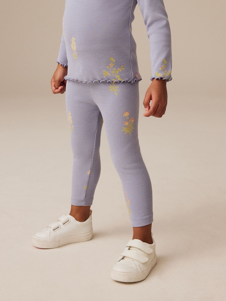 Navy Blue Floral Rib Leggings (3mths-7yrs) - Image 1 of 7