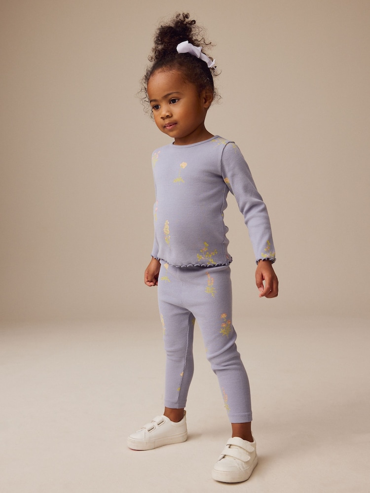 Navy Blue Floral Rib Leggings (3mths-7yrs) - Image 2 of 7
