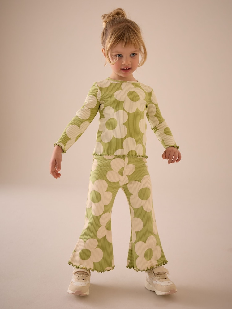 Green Flower Girls Ribbed Flare Leggings (3mths-7yrs) - Image 2 of 7