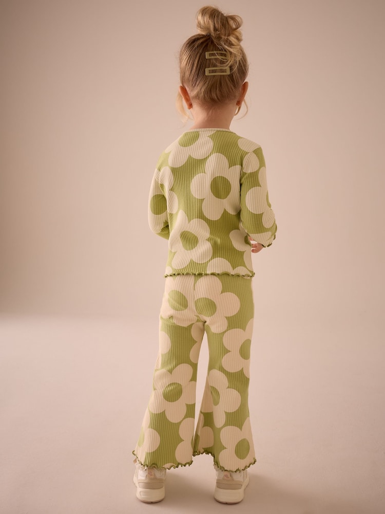 Green Flower Girls Ribbed Flare Leggings (3mths-7yrs) - Image 3 of 7