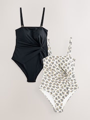 Schwarz/Ecru mit Fächer-Print - Twist figurformender Bandeau-Badeanzug im 2er-Pack - Bild 1 von 6