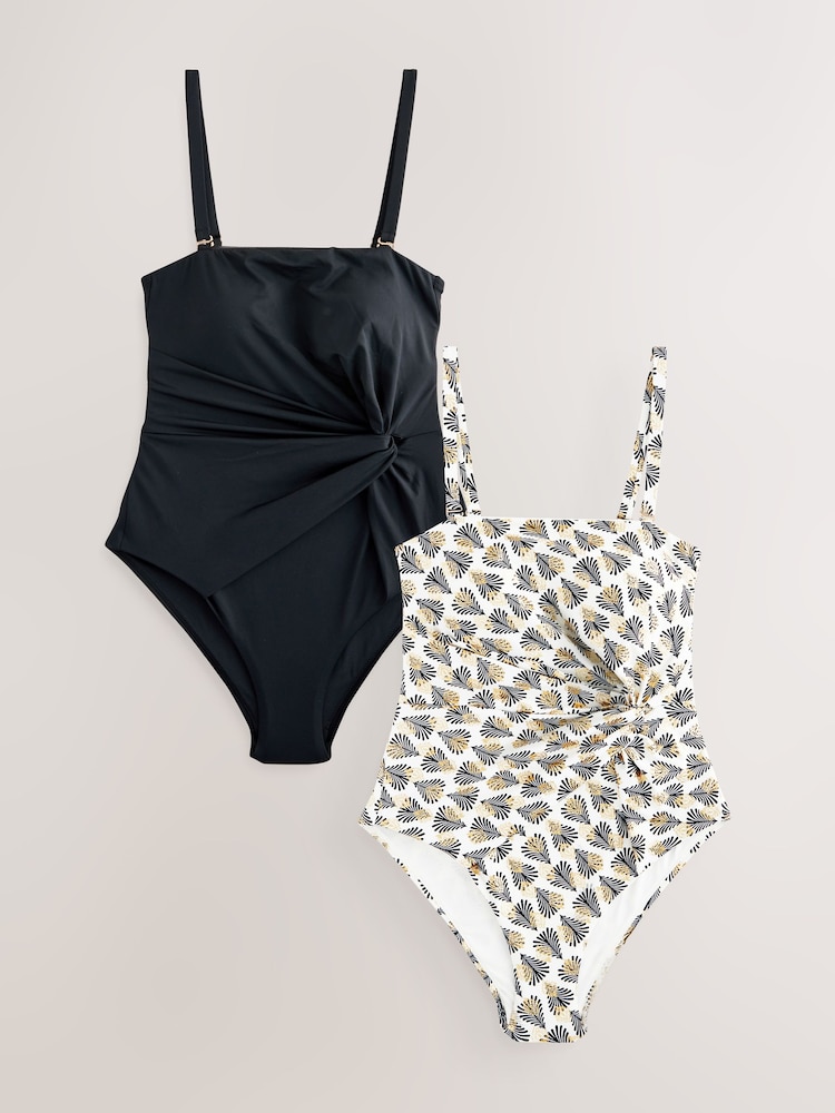 Schwarz/Ecru mit Fächer-Print - Twist figurformender Bandeau-Badeanzug im 2er-Pack - Bild 1 von 6