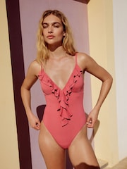 Rose Pink Waterfall Frill Plunge Tummy Control Swimsuit - Image 1 of 7