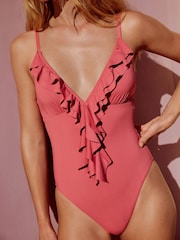 Rose Pink Waterfall Frill Plunge Tummy Control Swimsuit - Image 4 of 7