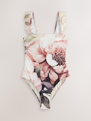 Neutral/Blush Floral Frill Strap Tummy Control Bandeau Swimsuit - Image 7 of 9