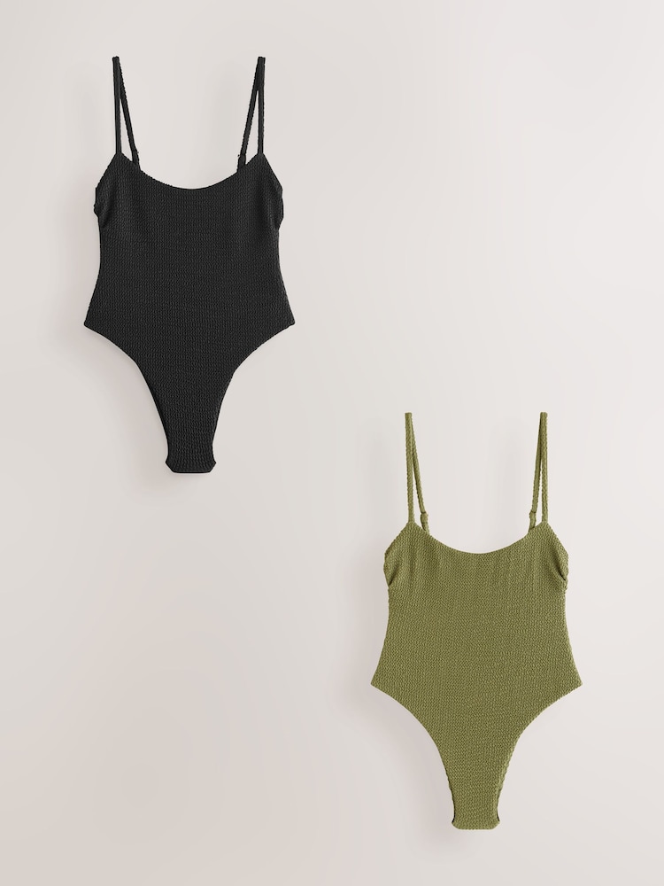 self. Black/Green Crinkle High Leg Scoop Tummy Control Swimsuit 2 Pack - Image 1 of 6