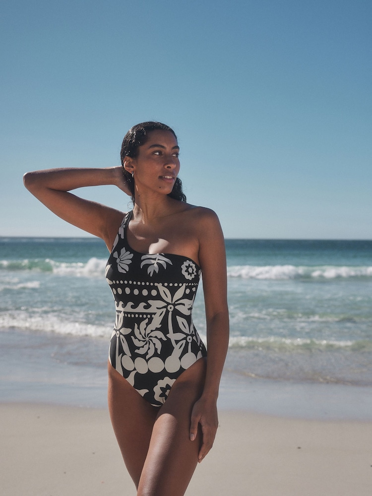 Black/Ecru Palm One Shoulder Tummy Control Swimsuit - Image 2 of 7