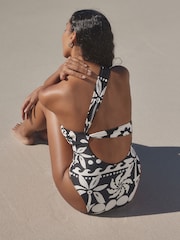 Black/Ecru Palm One Shoulder Tummy Control Swimsuit - Image 4 of 7