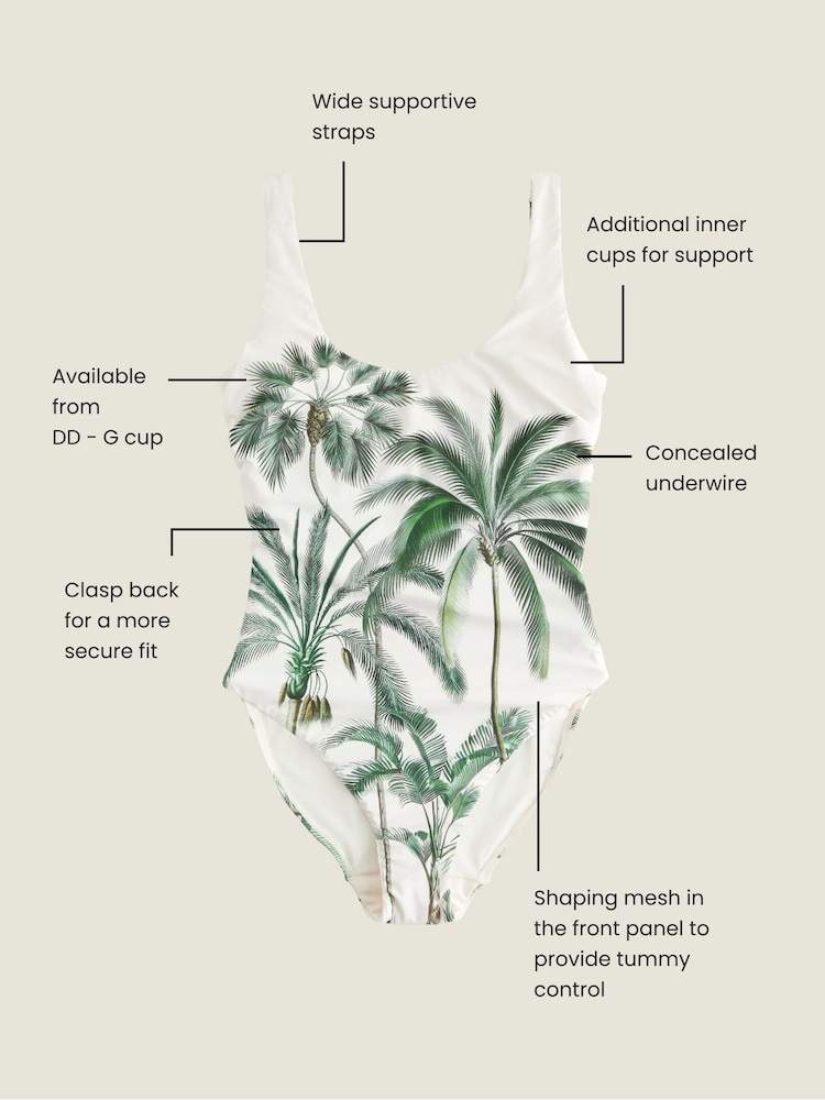 Cream/Green Palm Dd+ Wired Scoop Neck Tummy Control Swimsuit - Image 4 of 11