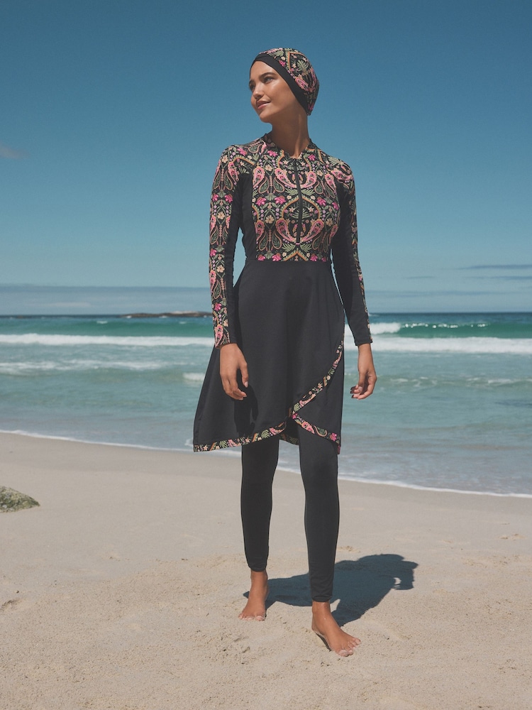 Black/Pink Paisley Long Sleeve Modesty Burkini Shaping Swimsuit - Image 1 of 11