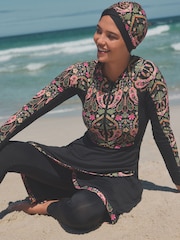 Black/Pink Paisley Long Sleeve Modesty Burkini Shaping Swimsuit - Image 2 of 11