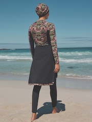 Black/Pink Paisley Long Sleeve Modesty Burkini Shaping Swimsuit - Image 3 of 11
