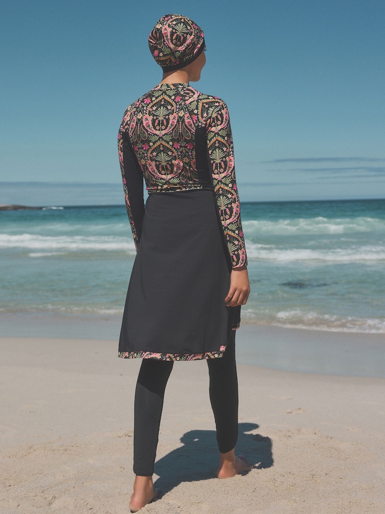 Black/Pink Paisley Long Sleeve Modesty Burkini Shaping Swimsuit - Image 3 of 11