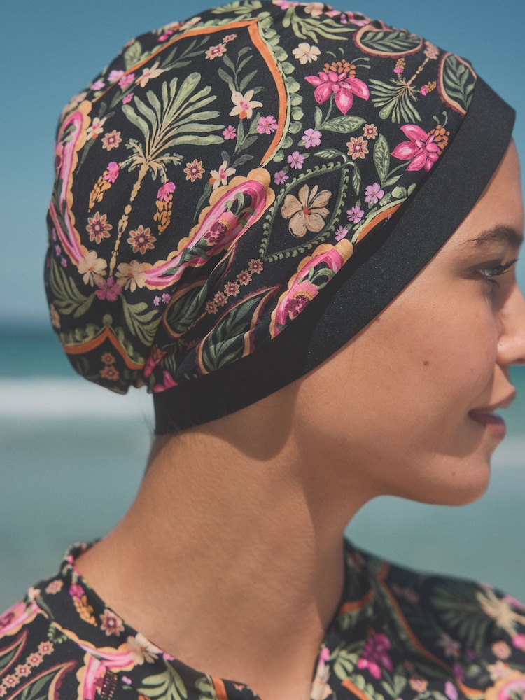 Black/Pink Paisley Long Sleeve Modesty Burkini Shaping Swimsuit - Image 4 of 11