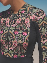 Black/Pink Paisley Long Sleeve Modesty Burkini Shaping Swimsuit - Image 5 of 11