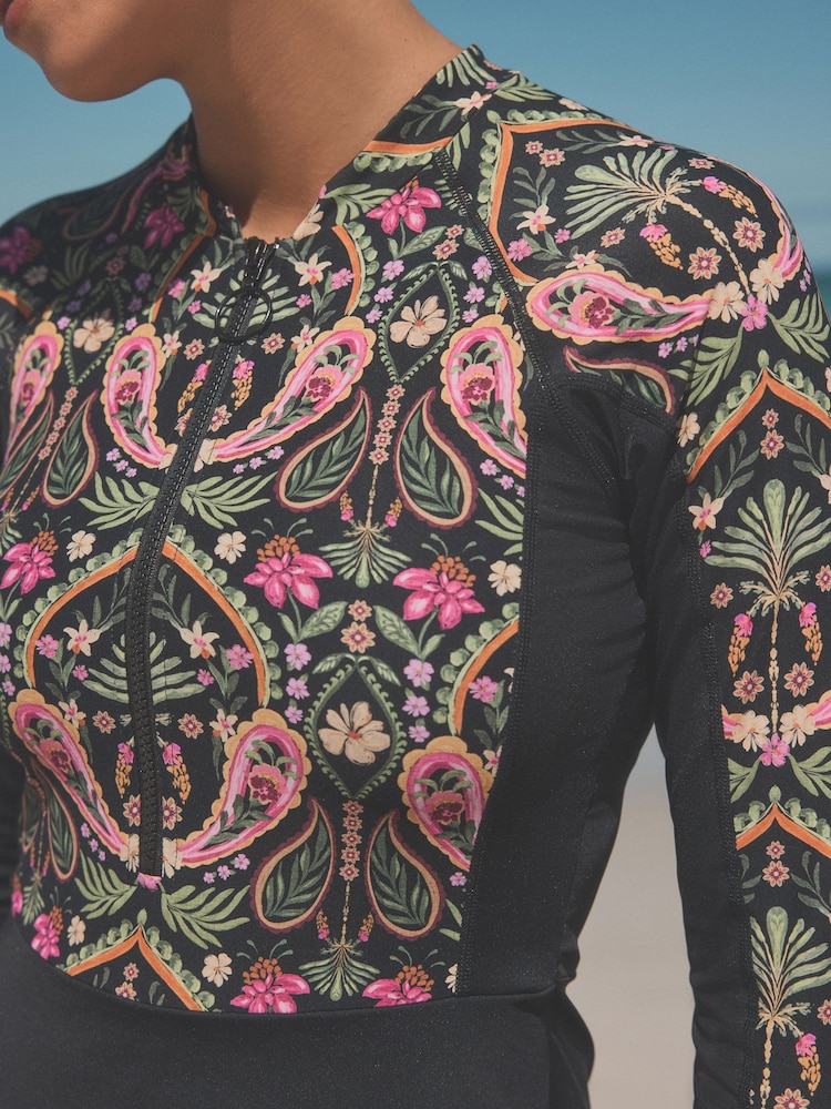 Black/Pink Paisley Long Sleeve Modesty Burkini Shaping Swimsuit - Image 5 of 11
