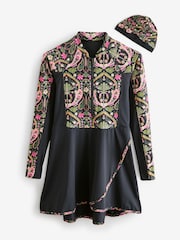 Black/Pink Paisley Long Sleeve Modesty Burkini Shaping Swimsuit - Image 8 of 11