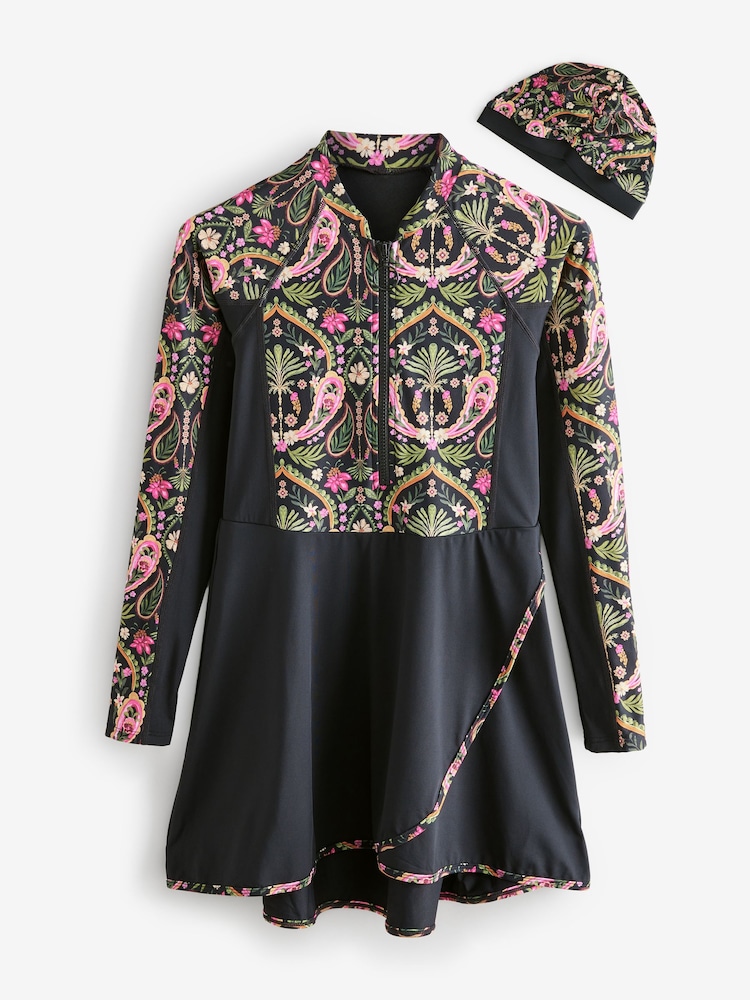 Black/Pink Paisley Long Sleeve Modesty Burkini Shaping Swimsuit - Image 8 of 11