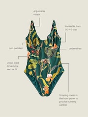 Dark Green Floral Tummy Control DD+ Wired Swimsuit - Image 4 of 7