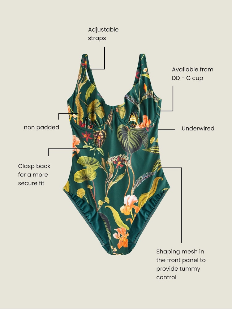 Dark Green Floral Tummy Control DD+ Wired Swimsuit - Image 4 of 9