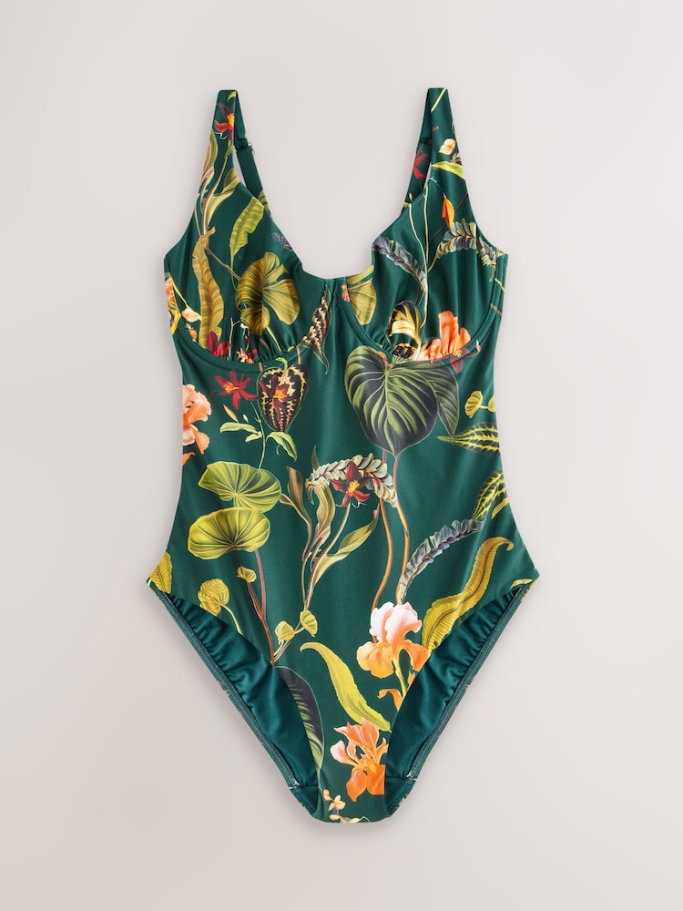 Dark Green Floral Tummy Control DD+ Wired Swimsuit - Image 6 of 9