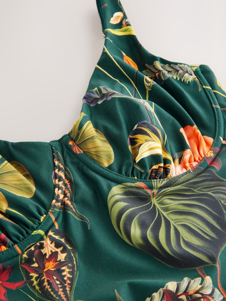 Dark Green Floral Tummy Control DD+ Wired Swimsuit - Image 8 of 9