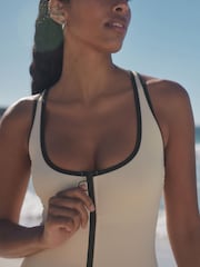 Ecru Zipped Shaping Tummy Control Swimsuit - Image 6 of 11