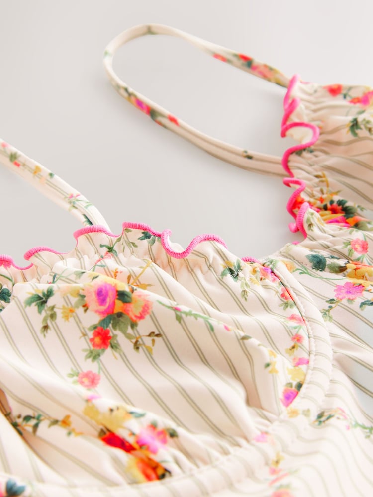 Cream/Pink Stripe Floral Non Padded Wired Tummy Control Swimsuit - Image 10 of 10