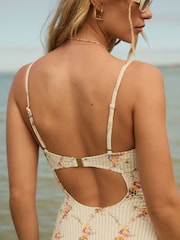 Cream/Pink Stripe Floral Non Padded Wired Tummy Control Swimsuit - Image 5 of 10