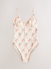 Cream/Pink Stripe Floral Non Padded Wired Tummy Control Swimsuit - Image 7 of 10