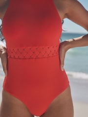 Red High Neck Lattice Tummy Control Swimsuit - Image 5 of 7