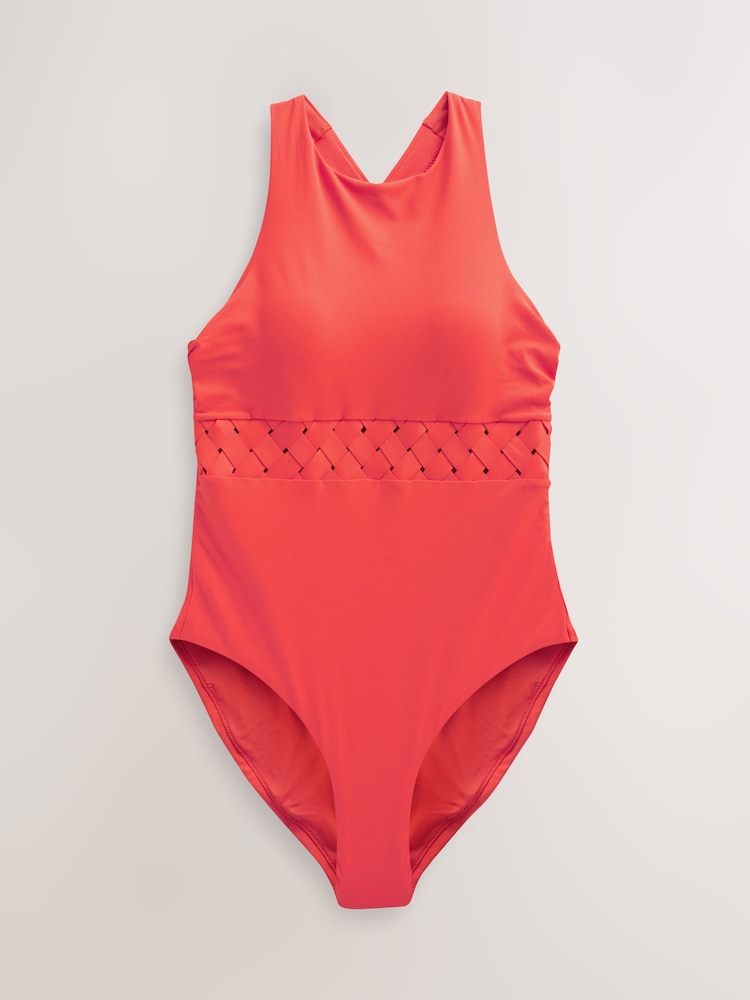 Red High Neck Lattice Tummy Control Swimsuit - Image 7 of 7