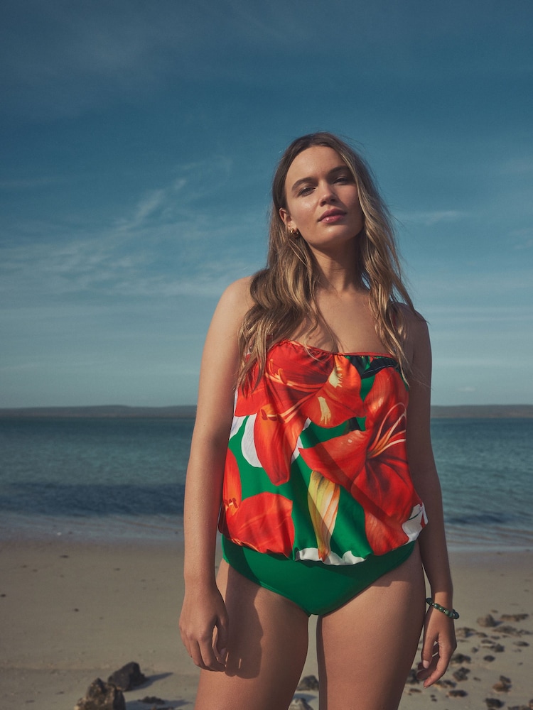 Red/Green Tropical Print Blouson Shaping Swimsuit - Image 2 of 7