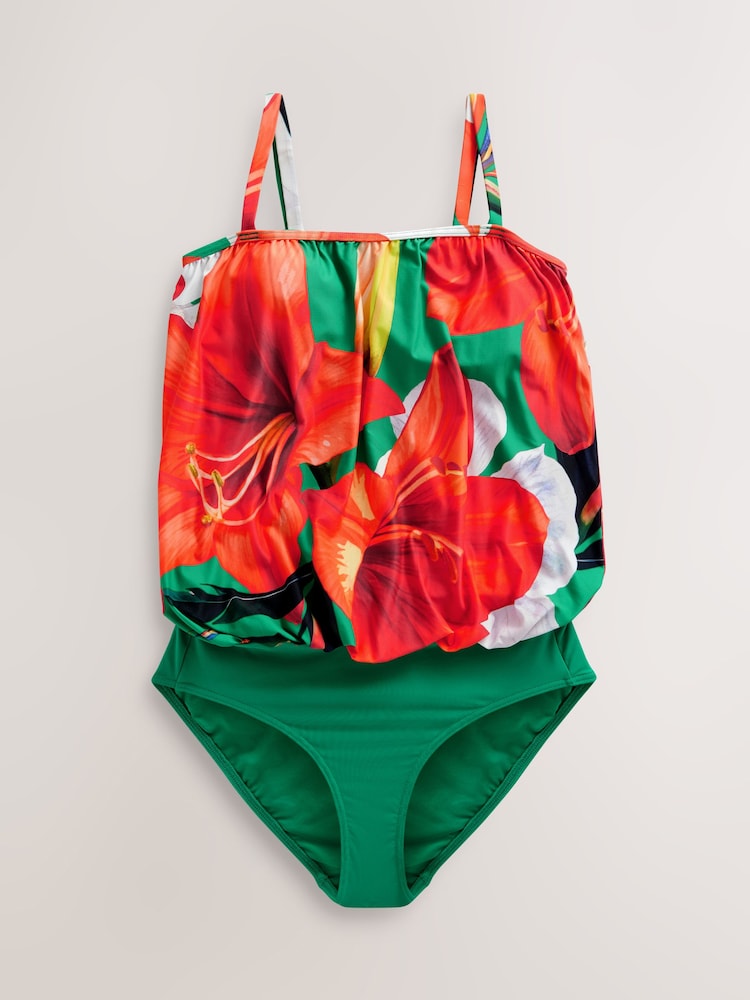 Red/Green Tropical Print Blouson Shaping Swimsuit - Image 7 of 7