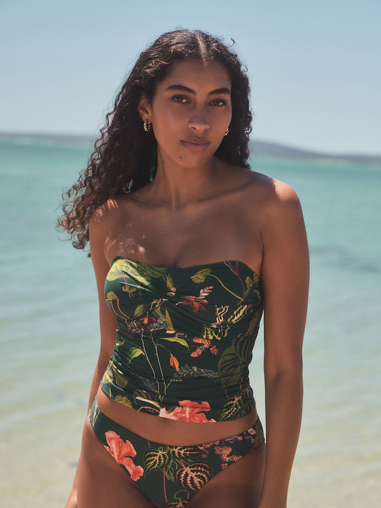 Dark Green Floral Wide Strap Tummy Control Bandeau Tankini Top - Image 1 of 9