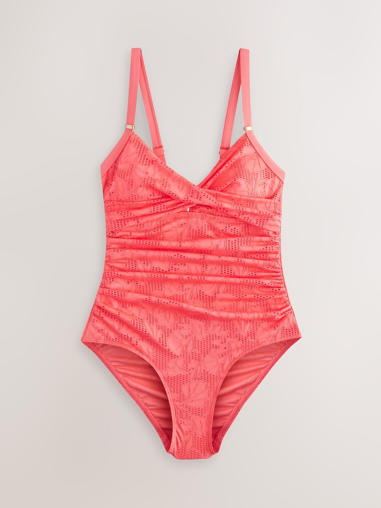 Coral Pink Lace Shaping Tummy Control Swimsuit - Image 6 of 8