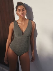 Khaki Green Glitter Plunge Shaping Tummy Control Swimsuit - Image 3 of 9