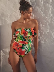 Red/Green Tropical Crochet Frill Tummy Control Bandeau Swimsuit - Image 1 of 5
