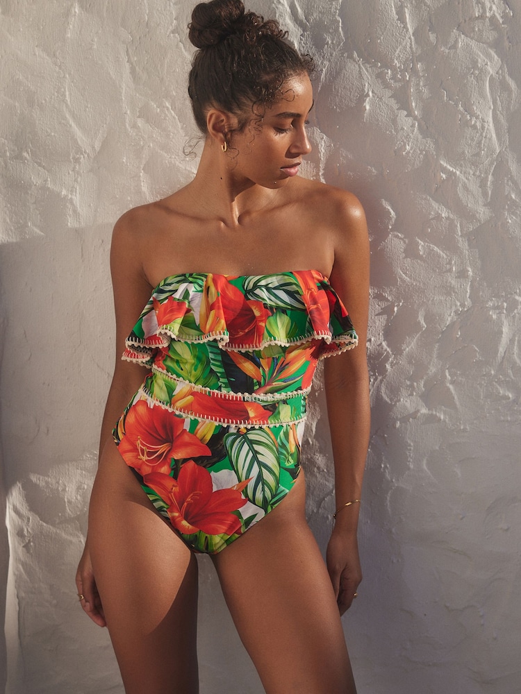 Red/Green Tropical Crochet Frill Tummy Control Bandeau Swimsuit - Image 1 of 5