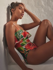 Red/Green Tropical Crochet Frill Tummy Control Bandeau Swimsuit - Image 3 of 5