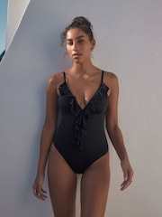 Black Waterfall Frill Plunge Tummy Control Swimsuit - Image 1 of 8