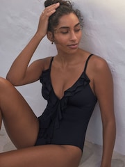 Black Waterfall Frill Plunge Tummy Control Swimsuit - Image 4 of 8