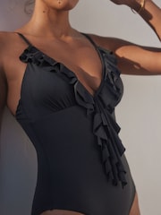 Black Waterfall Frill Plunge Tummy Control Swimsuit - Image 5 of 8